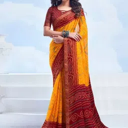THE FASHION ATTIRE Yellow Red Geometric Print Bandhani Chiffon Saree-picture-38