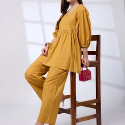 Globus Women Yellow V-Neck Bishop Sleeve Lurex Detail Tunic With Straight Pants Workwear-49