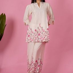 EKISHA Floral Printed Pure Cotton Mandarin Collar Tunic With Trousers Co-Ords-picture-2