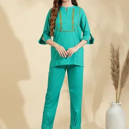 Sringam Floral Embroidered Mandarin Collar Pure Cotton Top With Trouser-image-35