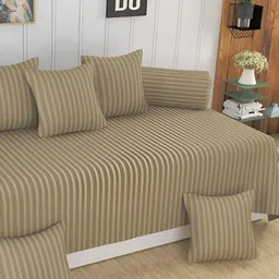 UrbanArts 8 Pcs Beige Colored Striped 400 TC Diwan Set-image-24