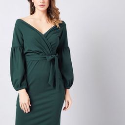 Athena Women V-Neck Puff Sleeve Tie-Ups Scuba Wrap Dress-image-74