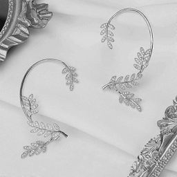 PRIAANSHA CREATIONS Silver-Plated Rhinestone Studded Leaf Shaped Earcuff-34