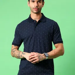V-Mart Geometric Printed Polo Collar Extended Sleeves Cotton T-shirt-image-16
