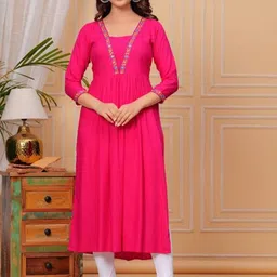 TROPWEAR Floral Yoke Design Pleated V-Neck Embroidered Cotton A-Line Naira Cut Kurta-25