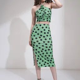 Tokyo Talkies Green Polka Dot Printed Halter Neck Corsage Top With Skirt-image-39