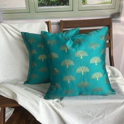 Pink Parrot Green & Gold-Toned 2 Pieces Ethnic Motifs Jacquard Silk Square Cushion Covers-image-24