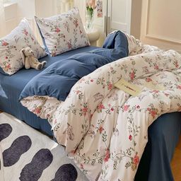 JC HOME Navy Blue & White 4 Pieces Printed Single Bedding Set-image-41