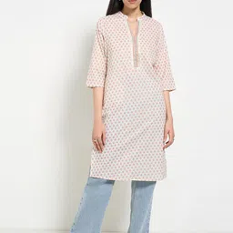 RANGMANCH BY PANTALOONS Floral Printed Mandarin Collar Pure Cotton Straight Kurta-image-95