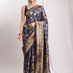 Janasya Floral Woven Design Zari Banarasi Saree with Blouse Piece-image-48