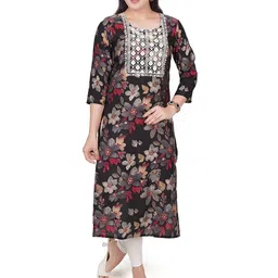 KRITHA Floral Printed Thread Work Round Neck Pure Silk Straight Kurta-image-25