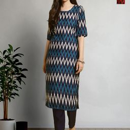 HERE&NOW Selection Of 2 Chevron Printed Round Neck Straight Kurta With Trousers-picture-17