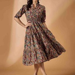 Azira Floral Printed Layered Mandarin Collar Cuffed Sleeves Tiered Fit & Flare Midi Dress-image-92