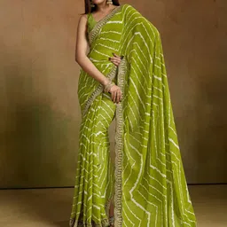 KALINI Printed Sequinned Embroidered Border Pure Georgette Leheriya Saree-11