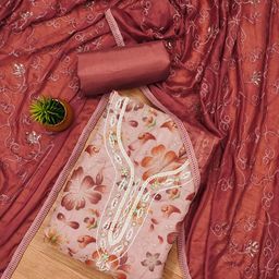 HERE&NOW Floral Printed Sequinned Organza Unstitched Dress Material-image-56