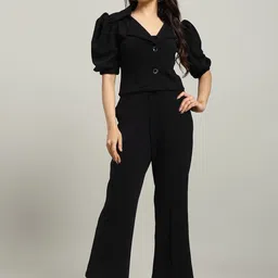 WoowZerZ Notched Lapel Collar Short Puff Sleeves Coat With Trousers Co-Ords-45