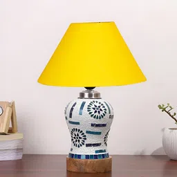 Devansh Yellow Textured Frusturical Shaped Wooden Table Lamp & Mosaic Glass-29