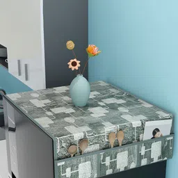 Kuber Industries Grey & Beige Check Circle Luxury Cutwork Fridge Top Cover With 6 Pockets-17