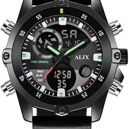 ALIX Men Brass Patterned Dial & Leather Straps Analogue and Digital Multi Function Watch AL3032 BLACK image 5