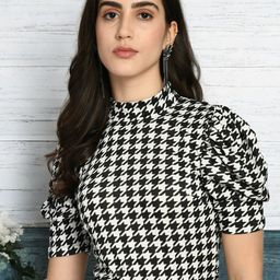 IUGA Checked Round Neck Puff Sleeve Top-image-30