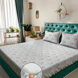 Klotthe Grey & Orange Floral Printed 400 TC Cotton King Bedsheet Set 2.50 m x 2.25 m-9