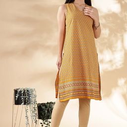 Anouk Ethnic Motifs Printed V-Neck Thread Work Kalamkari Straight Kurta-20