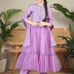 Cherry & Jerry Girls Embroidered A-Line Mirror Work Top With Trousers And Dupatta-image-28