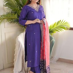 KALINI Ethnic Motifs Embroidered Thread Work Chanderi Silk Kurta With Trouser & Dupatta-image-51