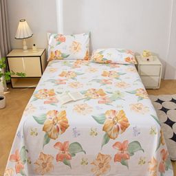 JC HOME White & Peach Colored Floral Printed 140 TC Queen Bedsheet Set 2.3 m x 2 m-7