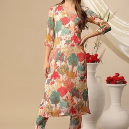GoSriKi Women Floral Printed Regular Thread Work Kurta with Trousers-image-3