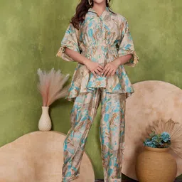 BulBul Floral Printed Shirt Collar Pure Cotton Top & Trousers-image-0