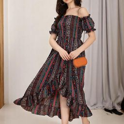 OOMPH! FACTOR Women Abstract Print Off-Shoulder Puff Sleeve Crepe Midi Dress-image-44