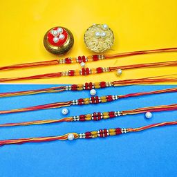 MANSIYAORANGE Set Of 6 AD Stones Studded & Beaded Cotton Thread Rakhi-image-76