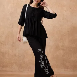 Globus Tie-Up Neck Lace Insert Peplum Top & Embroidered Trousers Workwear Co-Ords Set-20