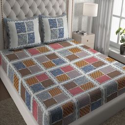 Myntra Elegant Homes Blue & White Geometric 120 TC Queen Bedsheet with 2 Pillow Covers-image-46