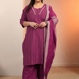 EXTRA LOVE BY LIBAS Plus Size Striped Thread Work Straight Kurta With Trousers & Dupatta-32
