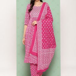Jaitpuriya Women Ethnic Motifs Printed Regular Pure Cotton Kurta with Trousers & With Dupatta-image-104