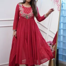 THE52 Floral Yoke Design Round Neck Chinon Anarkali Kurta With Trousers & Dupatta-picture-49