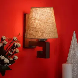 Devansh Beige & Brown Wood Traditional Frustum Shaped Wall Lamp-15