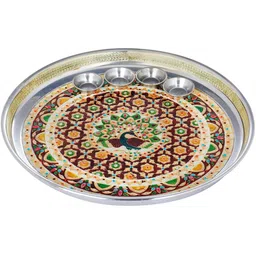 Exotic India Brown & Green Round Pooja Thali With Four Attached Bowls-image-19