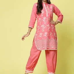 Clora Creation Floral Embroidered Mandarin Collar Pure Cotton Kurti With Salwar-image-5