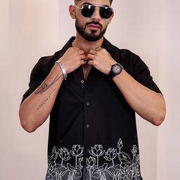 Eszett Men Floral Printed Cuban Collar Cotton Casual Shirt-image-41