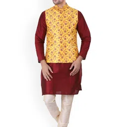 Sadree Mandarin Collar Dupion Silk Kurta And Churidar With Nehru Jacket Set-picture-9