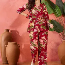 Sangria Floral Printed Pure Cotton Tunic With Trousers Co-Ords-image-96