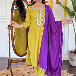 Divyadham Textiles Embroidered Zari Round Neck Straight Kurta with Trousers & Dupatta-picture-31
