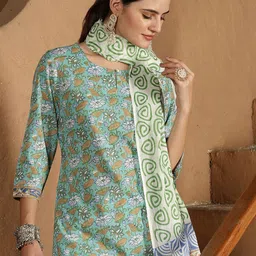 Taavi Women Floral Printed Cotton Straight Kurta with Trousers & Dupatta-31