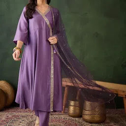 Sangria Women Embroidered A-Line Kurta & Trousers With Dupatta-10