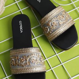 CORSICA Women Black Embellished Synthetic Open Toe Flats-picture-32