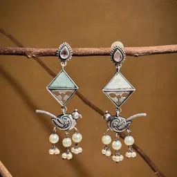 NAMAN ARTS Silver Plated Stones Studded & Beaded Oxidised Contemporary Drop Earrings-image-77