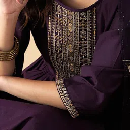 Anouk Rustic Floral Yoke Design Round Neck Zari A-Line Kurta With Trousers With Dupatta image 2